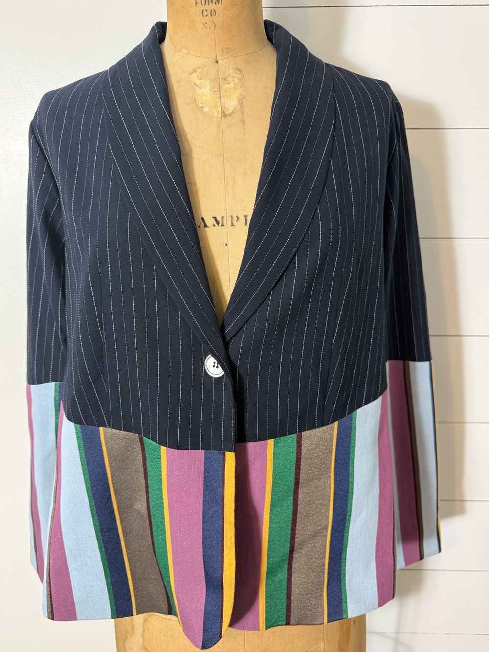 Laurie Felt Navy Pinstripe Blazer with Multicolor Stripe Hem